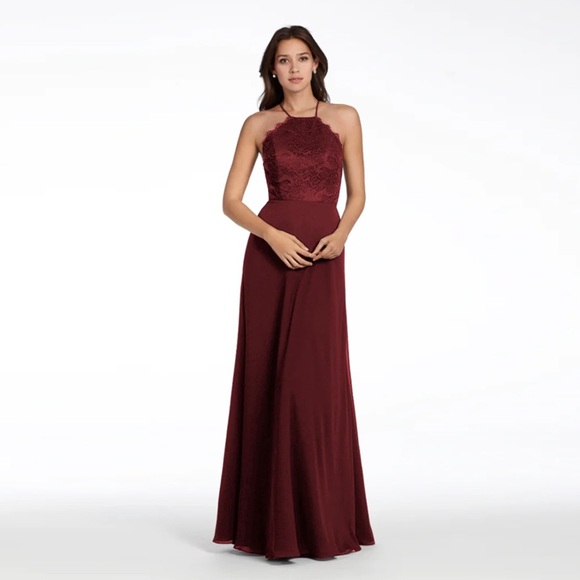 Hayley Paige Occasions - Chiffon Halter Lace Dress - Style 5715 - Flamingo - Picture 2 of 13